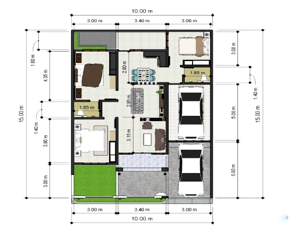 Denah Rumah 10x15 3 Kamar dan Mushola
